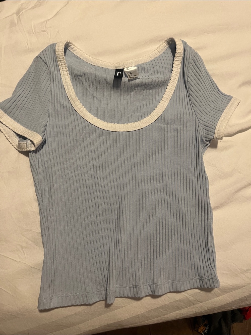 Divided Light Blue Ribbed Short Sleeve Tee with Cream Trim